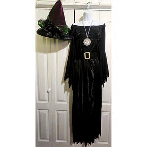 Elegant Witch Costume Off the Shoulder Black Dress Hat Pentacle Pendant Women's